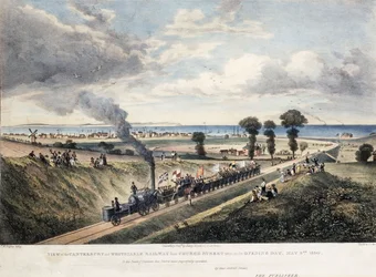 Utsikt över Canterbury och Whitstable Railway från Church Street, tagen på invigningsdagen den 3 maj 1830, ca. 1830