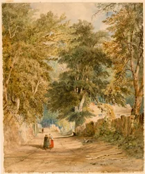 Landskap - Lane med figurer (kroppsfärg och akvarell på papper (ombord))