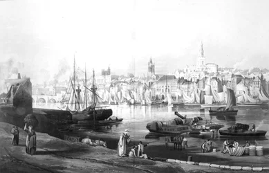 Utsikt över hamnen och staden Newcastle upon Tyne, från Rope Walk, Gateshead, graverad av Robert Havell, 1819 (gravyr)