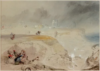 Vraket av Betsy Cains på klipporna vid Battery Point, Tynemouth (kroppsfärg och penna och akvarell på papper (ombord))