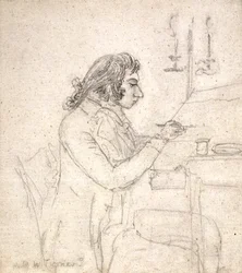 J. M. W. Turner vid ett ritbord; Verso: Mrs. Monro Asleep (penna på benvitt papper)
