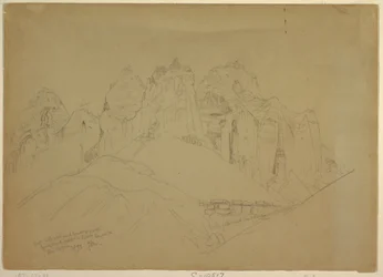 Teckning, Rio Virgin River med stora klippformationer, 1873