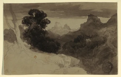 Teckning, vy över Tetons, Wyoming, 1874