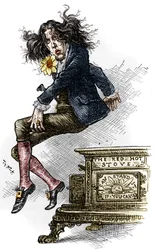 Tecknad film av Oscar Wilde (1854-1900), klädd i dandy, gjord under hans resa till USA 1882. Teckning av Thomas Nast (1840-1902) i "" Harper