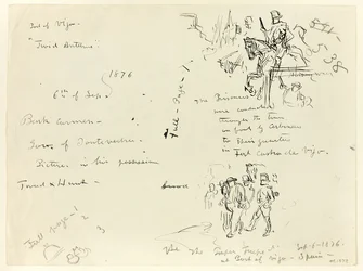Blad med skisser: Soldat till häst och soldat med sabel som avrättar fånge (recto); Blad med skisser (verso)