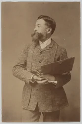 Tre fjärdedels porträtt av Thomas Nast med palett och pensel