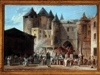 Place du Grand Chatelet i Paris Street scen vid tiden för den franska revolutionen. Målning av Thomas Naudet (1778-1810)