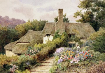 En stuga i Selworthy, Somerset, England. En kvinna i trädgården till ett engelskt lantställe. Målning av Thomas Nicholson Tyndale (1860-1930, Storbritannien) Privat samling
