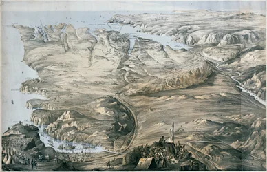 Panoramautsikt över förskansningen av Englands och Frankrikes allierade arméer före Sebastopol (litografi, tonad)