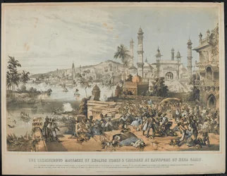 Nena Sahibs förrädiska massaker på engelska kvinnor och barn i Cawnpore under det indiska myteriet 1857, tryckt den 12 oktober 1857 (tonad litografi)