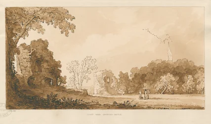 Chartley Castle: röd sepia-teckning