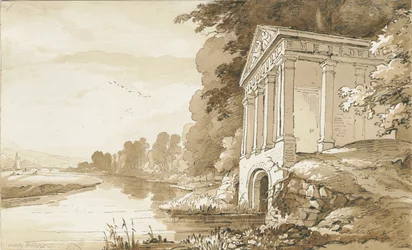 Colwich - Temple nära Wolseley Bridge: sepiatvättteckning, nd [1837-1838] (ritning)