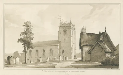 Milwich Church and Parsonage House: ritning med penna och tvätt, nd [?1838] (ritning)