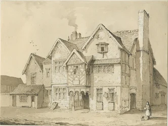 Stafford - [Old Houses in Crabbery Lane]: sepia- och pennteckning
