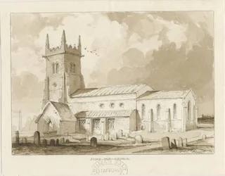 Stoke-upon-Trent Church [Gammal]: sepiateckning, 1841