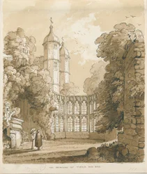 Tixall Hall: ritning med penna och tvätt, 1838