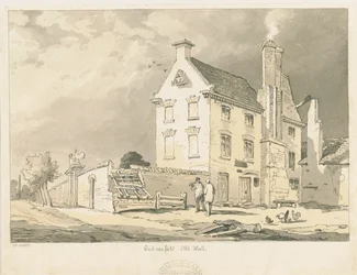 Wednesfield - "Old Hall": sepia-, penn- och nyansteckning, 1837
