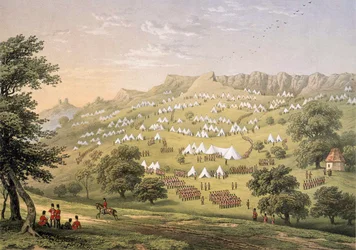 Främlingslegionens läger nära Hythe, Kent 1855 (litografi, färg)