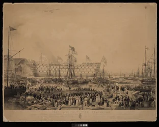 Sjösättningen av Trafalgar, i närvaro av Hennes Nådige Majestät Drottning Victoria och Hans Kungliga Höghet Prins Albert, vid H.M. Dock Yard, Woolwich...
