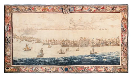 Historisk gobeläng av slaget vid Solebay, Mortlake, mönster tillskrivna William van de Velde, ca 1688