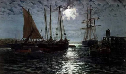 A Moonlit Harbor (olja på duk)