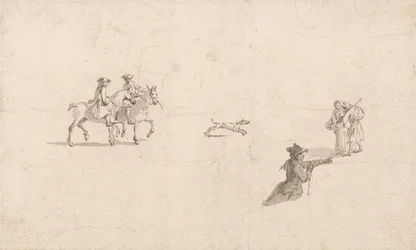 Ryttare, figurer och en hund (penna och bläck på papper)
