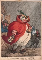 En barnmorska som går till en Labour, pub. 1811 (handfärgad gravyr)