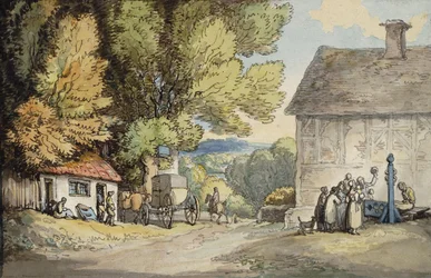 A Village Green: en vagn stannade under ett träd, med en man i stocken och en grupp åskådare,