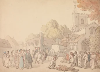 En bybild utanför en kyrka