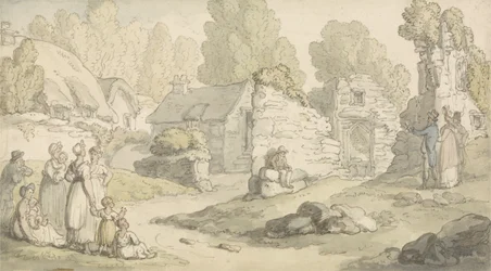 En byscen med figurer och förstörda byggnader (akvarell, penna och bläck och penna på papper)