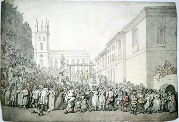 En offentlig avrättning i Newgate, London, sent 1700-tal
