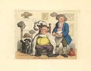 Frisör och kund i en barbershop dekorerad med peruker.