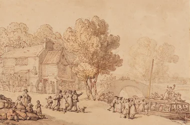 Gå ombord på en färja, ca 1810 (penna, bläck, pensel och wc på papper)