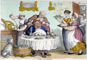 Borgerliga framför en riklig måltid serverad av många tjänare - karikatyr av Rowlandson