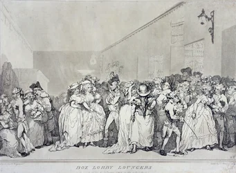 Box Lobby Loungers, etsat av Rowlandson efter design av Henry Wigstead (ca 1745-93), pub. av John Raphael Smith, 1786 (sepiaetsning)