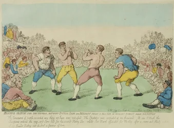 Boxningsmatch för 200 Guineas mellan holländska Sam och Medley (färgad etsning)