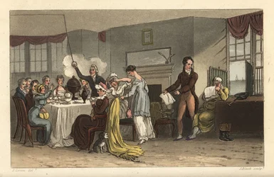 Frukostrummet på Old Bell Inn, Scarborough. Gäster som dricker kaffe, läser tidningar, äter frukost i ett Regency-rum. Handkolorerad kopparstick av Thomas Rowlandson, akvatint av J. Bluck, efter en skiss av J. Green från Poetical Sketche