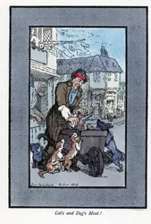 En slaktare som skar en bit kött, sa att hundar och katter attackerar ratten på hans skottkärra. Trägravyr, baserad på en målning av Thomas Rowlandson (1756-1827), publicerad i The Cris of London: med sex charmiga barn och nästan 40 bilder