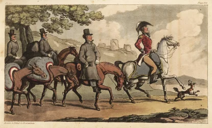Kapten Johnny Newcome och hans tjänare med packhästar på vägen till Santarem, Portugal, för att återvända till halvönskampanjen. Handkolorerad kopparstick tecknad och etsad av Thomas Rowlandson från överste David Roberts The Military Adventures of