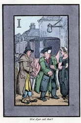 Kolla Hackney som klagar till passagerare om små tips (1819). Trägravyr, baserad på en målning av Thomas Rowlandson (1756-1827), publicerad i The Cris of London: med sex charmiga barn och nästan 40 illustrationer, av Andrew Tuer, Field and Tuer,