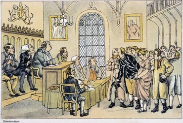 Dr Syntax inför domstolen - i "" Doctor Syntax tre turer på jakt efter den pittoreska trösten och en fru"" av W. Combe, ill. av Rowlandson, London, Hotten