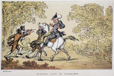 Dr Syntax stannade till för banditer - i "" Doctor Syntax tre turnéer: på jakt efter den pittoreska trösten och en fru"" av William Combe, sjuk. Rowlandson