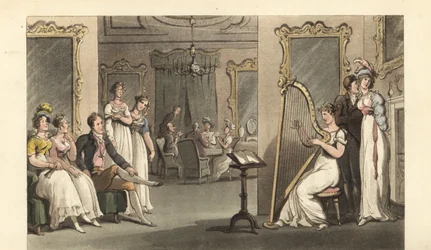 Engelsk gentleman och damer som lyssnar på en harpist på en bal