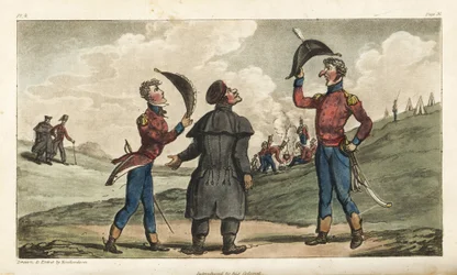 Fänrik Johnny Newcome introducerades för översten av sitt regemente före slaget vid Salamanca. Handfärgad kopparstick tecknad och etsad av Thomas Rowlandson från överste David Roberts The Military Adventures of Johnny Newcome, Martin, London