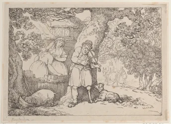 Spelman, sjöman, två kvinnor och en gris vid en stuga, 1816., 1816.