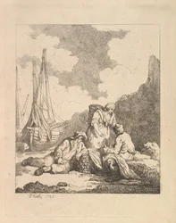 Fiskare vid stranden - kustscen med en man som sitter på marken som vilar en armbåge o..., 1786.