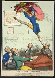 Från skrivbordet till tronen. Ett nytt snabbt steg av Joseph Bonaparte. The Bass av Mrs Nappy och Talley, pub. 1808 (handfärgad gravyr)