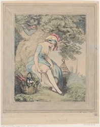 Flicka med korg och fågelbur som justerar strumpebandet, 1785-95., 1785-95.