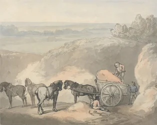 Hästar och en vagn vid en sandgrop