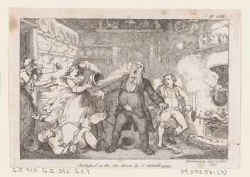 Värdinna släpper ut en panna med blod i ansiktet på Parson Andrews, från The Adventures of..., 1792.